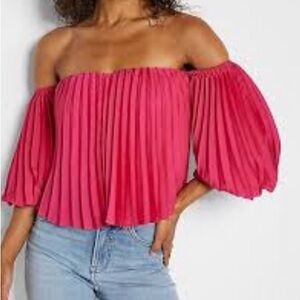Express Women's Vibrant Red Pleated Top Off Shoulder Top | Romantic Chic Vibe